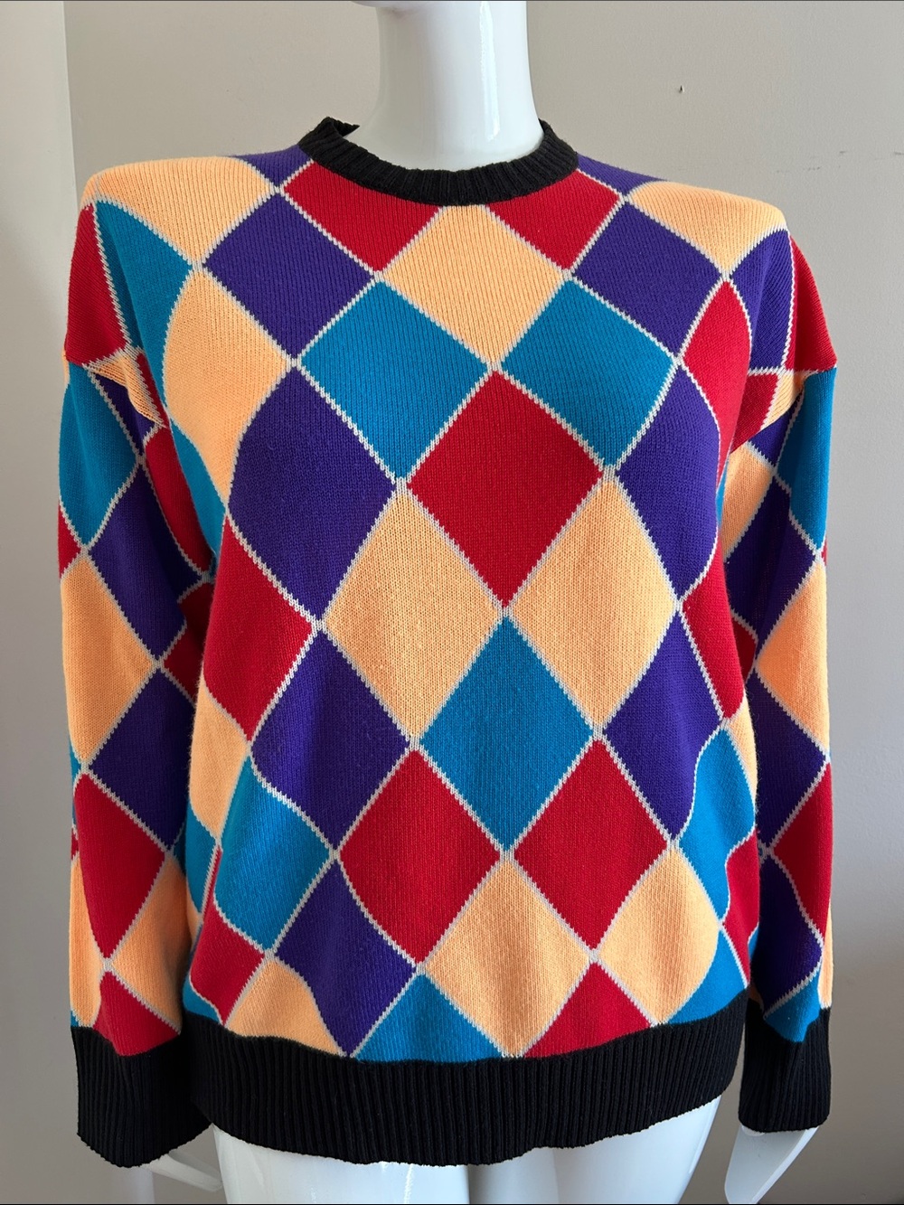 Vintage Multicolor Argyle Crewneck Sweater - Red, Purple, Blue, Cream